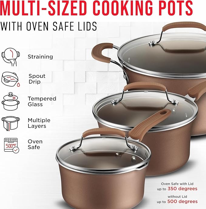 Pots and Pans Set, 23-Piece Non Stick Cookware & Bakeware Sets with Plaid Pattern, Stackable Design, Dishwasher Safe, Stain-resistant, Oven & All-Stove Safe, Tempered Glass Lid, Golden