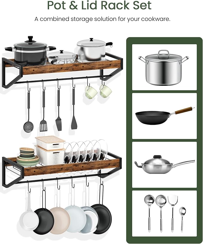 Wall-Mounted Pot Lid Racks Set of 2, with Pot Rack and Lid Organizer, Kitchen Cookware Organizer with 12 S-Shaped Hooks, for Pot, Pan and Lid Storage, Rustic Brown and Black TPR36BF