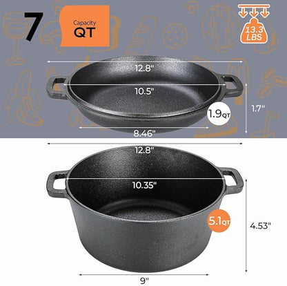 TLGREEN Cast Iron Dutch Oven Pot with Lid, Pot (5.1QT) and Lid as a Skillet(1.9QT) - Dutch Oven Cast Iron with Silicone Holders, Iron Stand, for Oven, Stove, Grill，Campfire