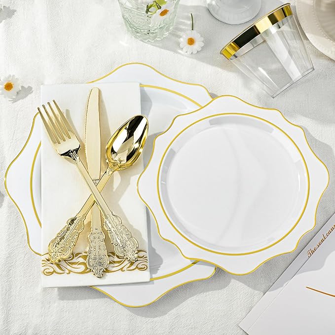 350 PCS White and Gold Plastic Plates, Gold Disposable Plates for 50 Guests, Includes 100 Disposable Plates, 50 Cups, 150 Silverwares, and 50 Napkins for Party, Graduation and Wedding
