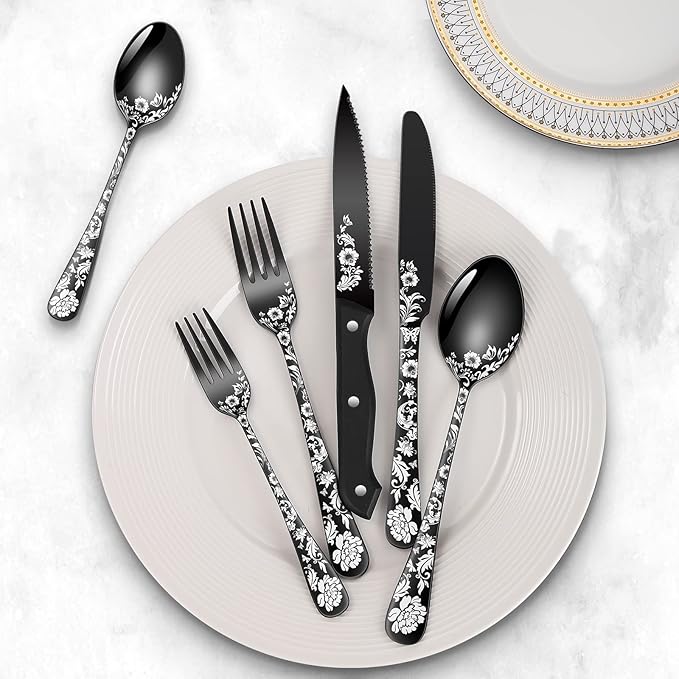 24-Piece Black Silverware Set with Steak Knife, Black Flatware Sets for 4, Stainless Steel Cutlery Set Includes Forks Knives Spoons,Unique Pattern Design，Mirror Polished and Dishwasher Safe