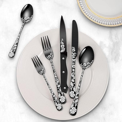 24-Piece Black Silverware Set with Steak Knife, Black Flatware Sets for 4, Stainless Steel Cutlery Set Includes Forks Knives Spoons,Unique Pattern Design，Mirror Polished and Dishwasher Safe