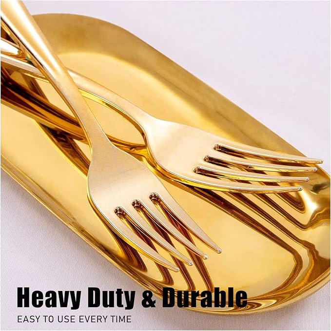 WDF300 Pieces Gold Plastic Silverware - Heavy Duty Disposable Gold Cutlery Set Plastic Gold Silverware Set Plastic Includes 100 Forks, 100 Spoons, 100 Knives for Party