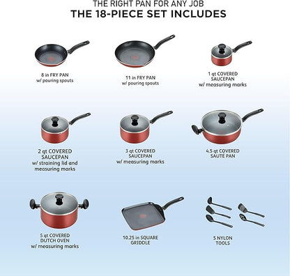 T-fal Initiatives Nonstick Cookware Set 18 Piece, Oven Broiler Safe 350F, Kitchen Cooking Set w/Fry Pans, Saucepans, Saute Pan, Dutch Oven, Griddle, Pots and Pans, Home, Dishwasher Safe, Red