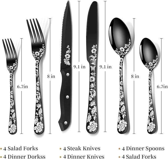 24-Piece Black Silverware Set with Steak Knife, Black Flatware Sets for 4, Stainless Steel Cutlery Set Includes Forks Knives Spoons,Unique Pattern Design，Mirror Polished and Dishwasher Safe