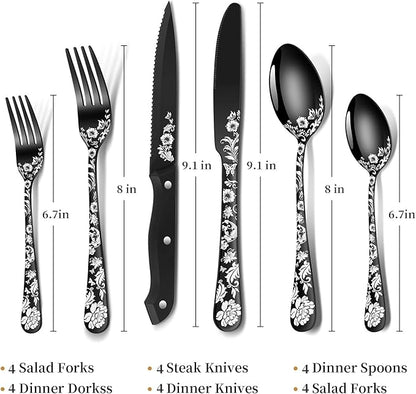 24-Piece Black Silverware Set with Steak Knife, Black Flatware Sets for 4, Stainless Steel Cutlery Set Includes Forks Knives Spoons,Unique Pattern Design，Mirror Polished and Dishwasher Safe