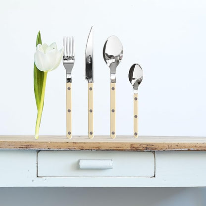 5-Piece Flatware Set - Bistrot Collection - Knife, Fork, Soup Spoon, Teaspoon & Dessert Fork - Stainless Steel & Nylon - Dishwasher Safe - Ivory - Brilliant Finish