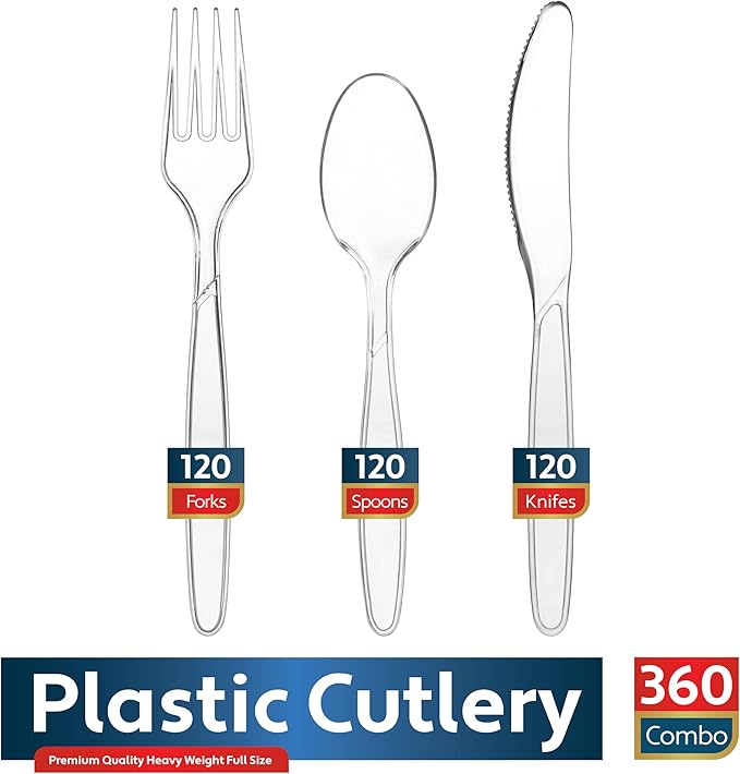 360 Count Plastic Silverware Set, 120 Clear Forks, 120 Spoons, 120 Knives, Heavy Duty BPA Free Disposable Plastic Cutlery Set, Premium Clear Plasticware for Party Supplies