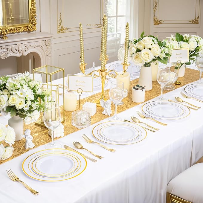 WDF300 Pieces Gold Plastic Silverware - Heavy Duty Disposable Gold Cutlery Set Plastic Gold Silverware Set Plastic Includes 100 Forks, 100 Spoons, 100 Knives for Party