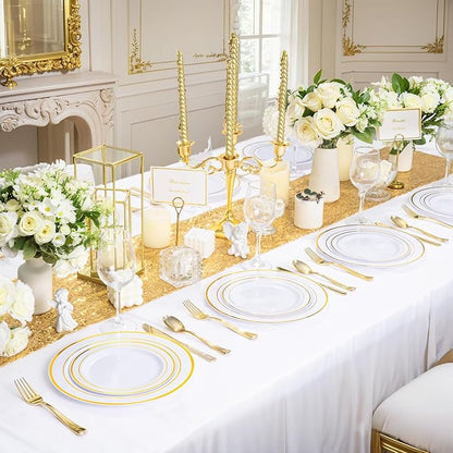 WDF300 Pieces Gold Plastic Silverware - Heavy Duty Disposable Gold Cutlery Set Plastic Gold Silverware Set Plastic Includes 100 Forks, 100 Spoons, 100 Knives for Party