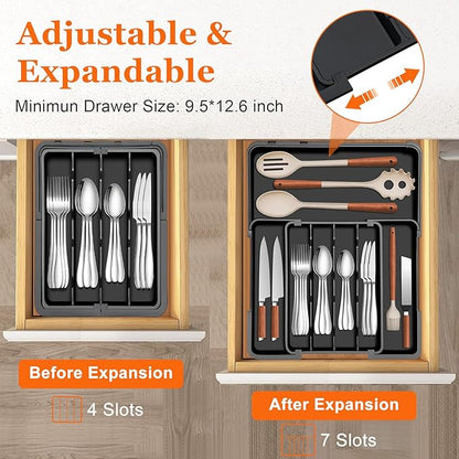 Silverware Organizer Expandable Utensil Drawer Organizer Adjustable Silverware Drawer Organizer, Flatware Cutlery Tray for Spoons Forks Knives Kitchen Organizers Storage,Black