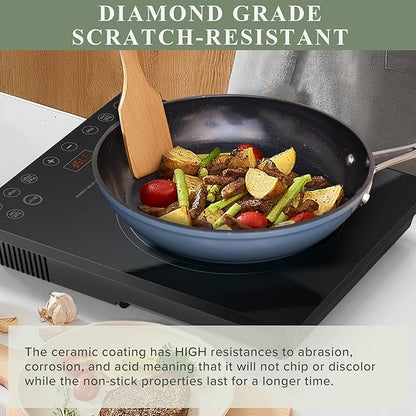 Nuwave Healthy Duralon Blue Ceramic Nonstick Cookware Set, Diamond Infused Scratch-Resistant, PFAS Free, Dishwasher & Oven Safe, Induction Ready & Evenly Heats, Tempered Glass Lids & Stay-Cool Handles