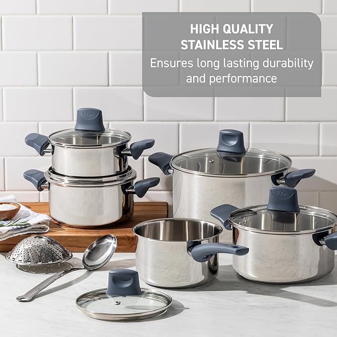 T-fal Essentials Stainless Steel Cookware Set 12 Piece, Induction Compatible, Oven Safe 350F, Cooking Set w/Stewpots, Stockpot, Saucepan, Lids & Tools, Measuring Marks, Dishwasher Safe, Silver/Blue