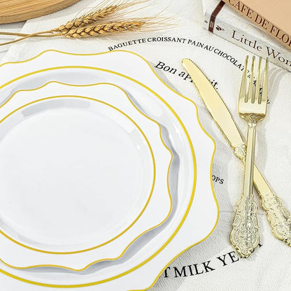350 PCS White and Gold Plastic Plates, Gold Disposable Plates for 50 Guests, Includes 100 Disposable Plates, 50 Cups, 150 Silverwares, and 50 Napkins for Party, Graduation and Wedding