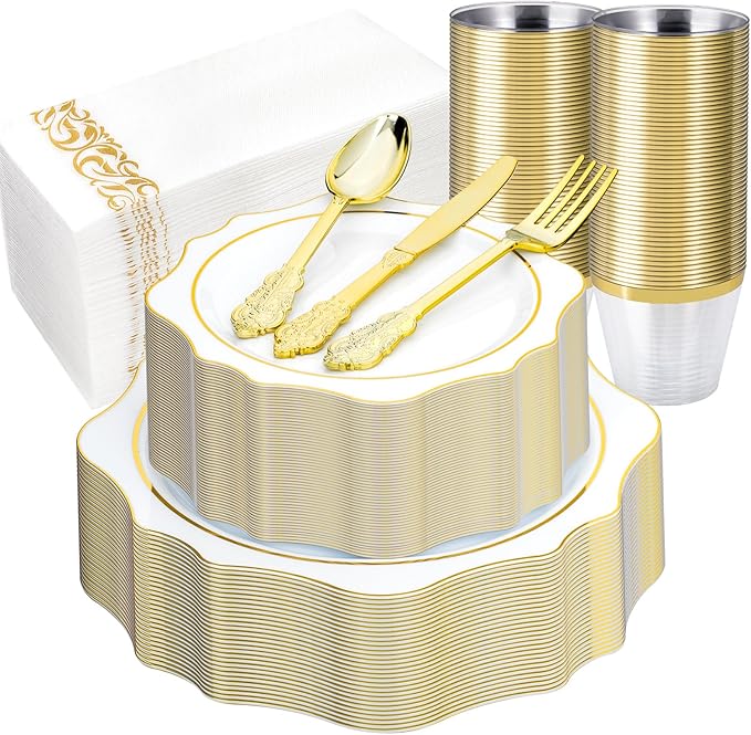 350 PCS White and Gold Plastic Plates, Gold Disposable Plates for 50 Guests, Includes 100 Disposable Plates, 50 Cups, 150 Silverwares, and 50 Napkins for Party, Graduation and Wedding