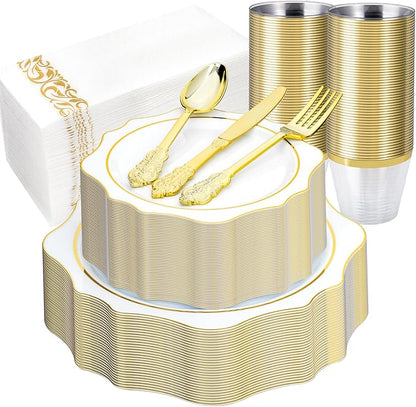 350 PCS White and Gold Plastic Plates, Gold Disposable Plates for 50 Guests, Includes 100 Disposable Plates, 50 Cups, 150 Silverwares, and 50 Napkins for Party, Graduation and Wedding