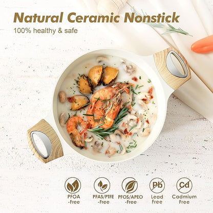 SENSARTE Ceramic Nonstick Stock Pot with Lid, 2.6/4.5/6.6 QT Soup Pot Casserole Pot, Non-toxic Healthy Pasta Pot, Large Cooking Pot Stew Pot, Induction Compatible, PFOA PFAS PTFE Free, White