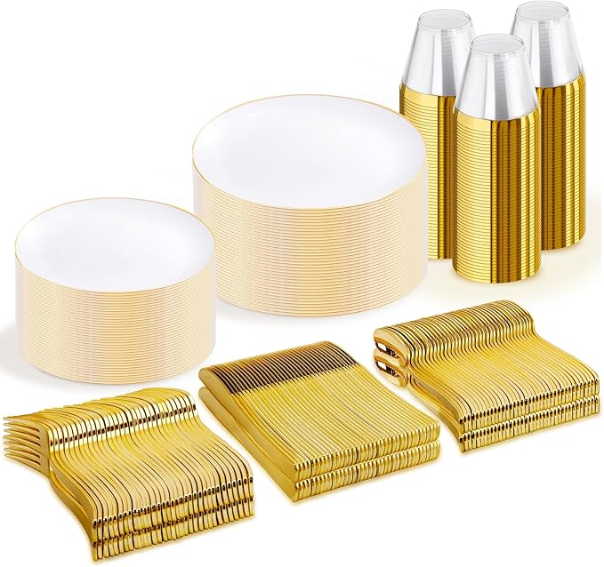 WDF 300PCS Gold Plastic Plates - White and Gold Plastic Dinnerware Set for 50 Guests Include 50 Dinner & 50 Cake Plates, 50 Disposable Silverware, 50 Cups for Wedding, Birthday, Party