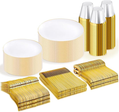 WDF 300PCS Gold Plastic Plates - White and Gold Plastic Dinnerware Set for 50 Guests Include 50 Dinner & 50 Cake Plates, 50 Disposable Silverware, 50 Cups for Wedding, Birthday, Party