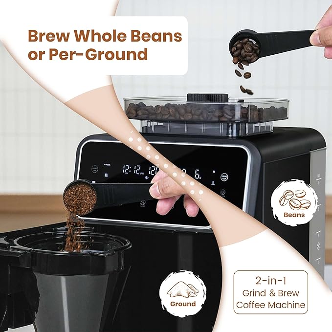 Gevi 10 Cup Drip Coffee Maker with Built-in Grinder, Grind ＆ Brew Burr Combo Coffee Machine with Programmable, Touch Screen, 4-Hour Warm Plate, Permanent Filter
