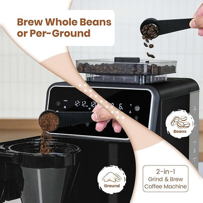 Gevi 10 Cup Drip Coffee Maker with Built-in Grinder, Grind ＆ Brew Burr Combo Coffee Machine with Programmable, Touch Screen, 4-Hour Warm Plate, Permanent Filter