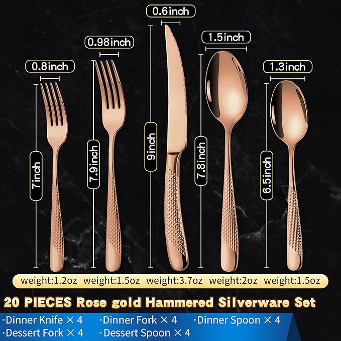 20-Piece Hammered Rose Gold Silverware Set for 4 with Serrated Forging Knives,18/10 Stainless Steel Modern Flatware Set,Unique Cutlery Set Spoons and Forks Set,Mirror Polished,Dishwasher Safe