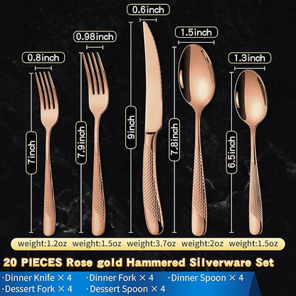 20-Piece Hammered Rose Gold Silverware Set for 4 with Serrated Forging Knives,18/10 Stainless Steel Modern Flatware Set,Unique Cutlery Set Spoons and Forks Set,Mirror Polished,Dishwasher Safe