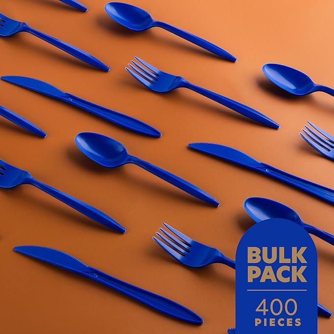 PLASTICPRO 400 Pack Disposable Chanuka Plastic Utensils Assorted Colored Cutlery Combo Set Forks Spoons Knives Silverware, Blue Plastic Cutlery for Parties