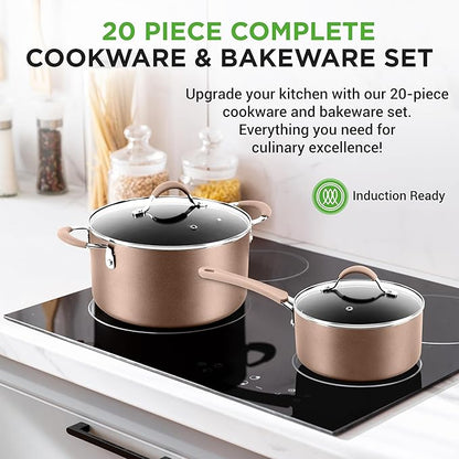 NutriChef 20-Piece Nonstick Kitchen Cookware Set - PFOA/PFOS-Free Heat Resistant Lacquer Kitchenware w/ Bakeware, Frying Pans, Cooking Pots, Utensils