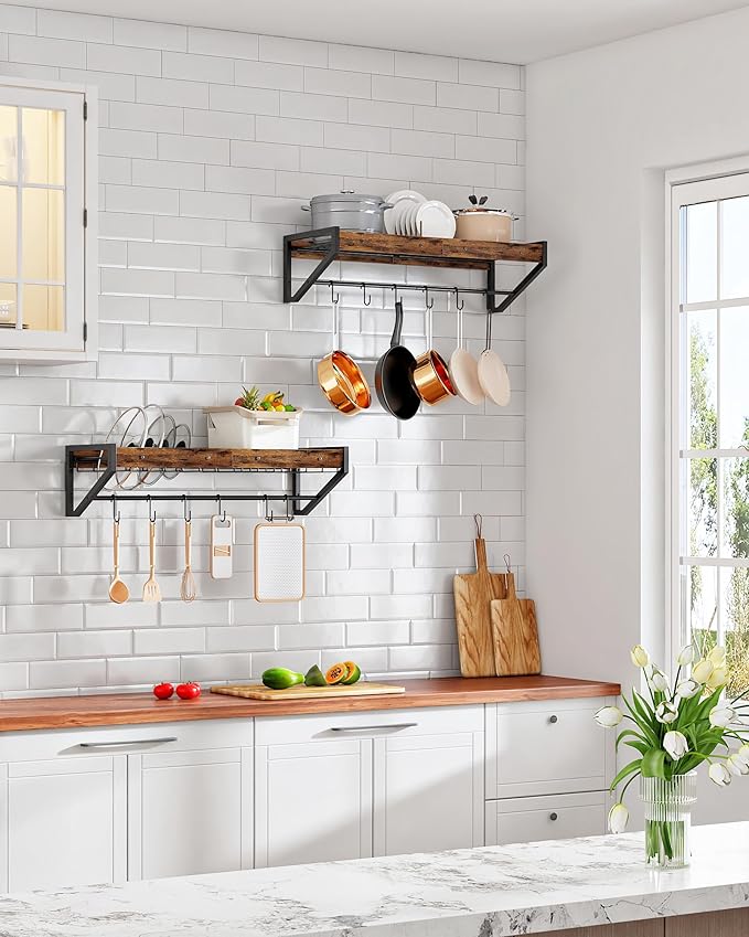 Wall-Mounted Pot Lid Racks Set of 2, with Pot Rack and Lid Organizer, Kitchen Cookware Organizer with 12 S-Shaped Hooks, for Pot, Pan and Lid Storage, Rustic Brown and Black TPR36BF
