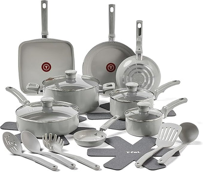 T-Fal Refresh Ceramic Nonstick Cookware Set, 20-Piece, Made without PFOA and PTFE, Oven and Broiler Safe up to 350°F, Includes Stockpot, Griddle, Frying Pans, and Utensils, Pots and Pans, Moon Grey