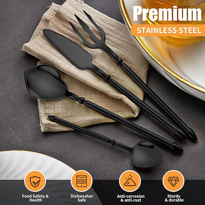 Black Unique Silverware Set,16-Piece Stainless Steel Cutlery Set for 4,Craft Flatware Set with Double-edged Knife,Mirror Polished,Dishwasher Safe