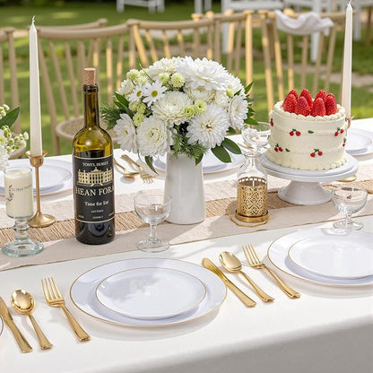WDF 300PCS Gold Plastic Plates - White and Gold Plastic Dinnerware Set for 50 Guests Include 50 Dinner & 50 Cake Plates, 50 Disposable Silverware, 50 Cups for Wedding, Birthday, Party