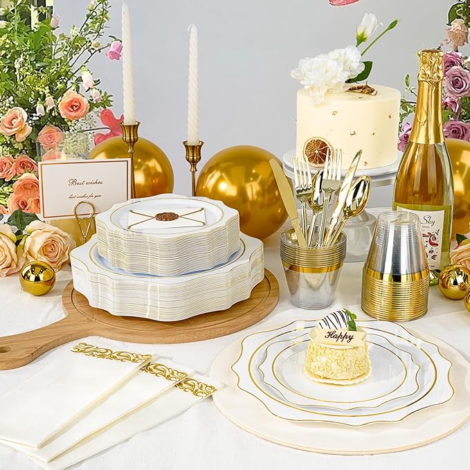 350 PCS White and Gold Plastic Plates, Gold Disposable Plates for 50 Guests, Includes 100 Disposable Plates, 50 Cups, 150 Silverwares, and 50 Napkins for Party, Graduation and Wedding