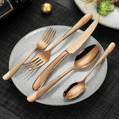 20-Piece Hammered Rose Gold Silverware Set for 4 with Serrated Forging Knives,18/10 Stainless Steel Modern Flatware Set,Unique Cutlery Set Spoons and Forks Set,Mirror Polished,Dishwasher Safe