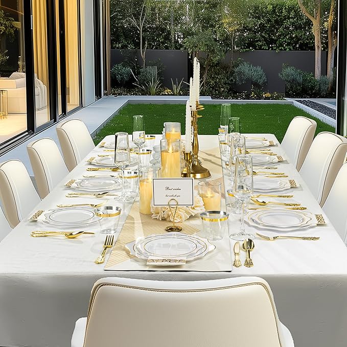 350 PCS White and Gold Plastic Plates, Gold Disposable Plates for 50 Guests, Includes 100 Disposable Plates, 50 Cups, 150 Silverwares, and 50 Napkins for Party, Graduation and Wedding