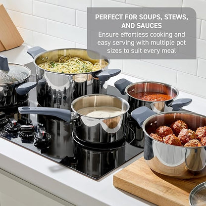 T-fal Essentials Stainless Steel Cookware Set 12 Piece, Induction Compatible, Oven Safe 350F, Cooking Set w/Stewpots, Stockpot, Saucepan, Lids & Tools, Measuring Marks, Dishwasher Safe, Silver/Blue