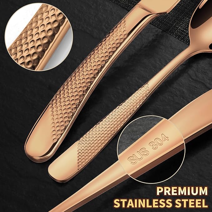 20-Piece Hammered Rose Gold Silverware Set for 4 with Serrated Forging Knives,18/10 Stainless Steel Modern Flatware Set,Unique Cutlery Set Spoons and Forks Set,Mirror Polished,Dishwasher Safe