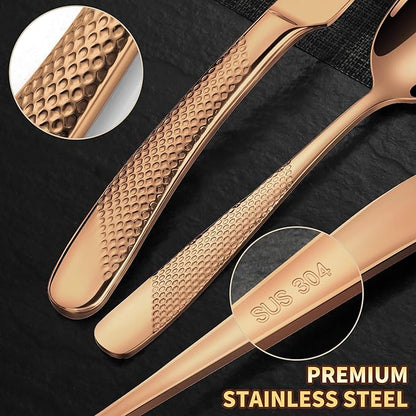 20-Piece Hammered Rose Gold Silverware Set for 4 with Serrated Forging Knives,18/10 Stainless Steel Modern Flatware Set,Unique Cutlery Set Spoons and Forks Set,Mirror Polished,Dishwasher Safe