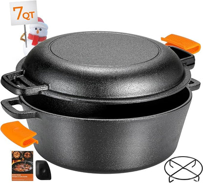 TLGREEN Cast Iron Dutch Oven Pot with Lid, Pot (5.1QT) and Lid as a Skillet(1.9QT) - Dutch Oven Cast Iron with Silicone Holders, Iron Stand, for Oven, Stove, Grill，Campfire