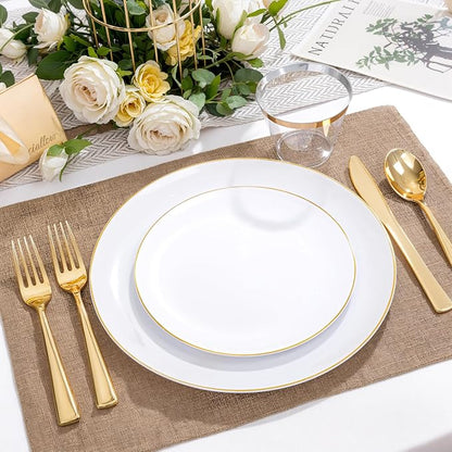 WDF 300PCS Gold Plastic Plates - White and Gold Plastic Dinnerware Set for 50 Guests Include 50 Dinner & 50 Cake Plates, 50 Disposable Silverware, 50 Cups for Wedding, Birthday, Party