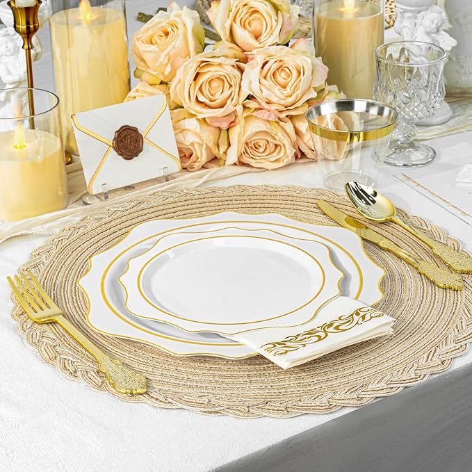 350 PCS White and Gold Plastic Plates, Gold Disposable Plates for 50 Guests, Includes 100 Disposable Plates, 50 Cups, 150 Silverwares, and 50 Napkins for Party, Graduation and Wedding