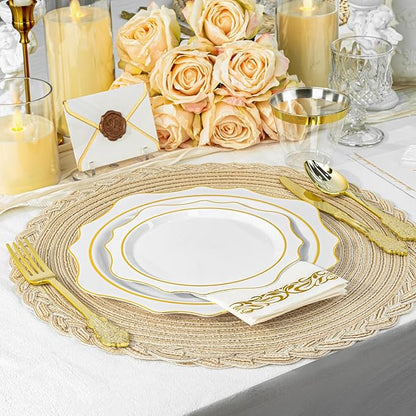 350 PCS White and Gold Plastic Plates, Gold Disposable Plates for 50 Guests, Includes 100 Disposable Plates, 50 Cups, 150 Silverwares, and 50 Napkins for Party, Graduation and Wedding