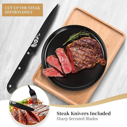 24-Piece Black Silverware Set with Steak Knife, Black Flatware Sets for 4, Stainless Steel Cutlery Set Includes Forks Knives Spoons,Unique Pattern Design，Mirror Polished and Dishwasher Safe