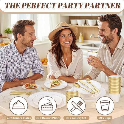 WDF 300PCS Gold Plastic Plates - White and Gold Plastic Dinnerware Set for 50 Guests Include 50 Dinner & 50 Cake Plates, 50 Disposable Silverware, 50 Cups for Wedding, Birthday, Party