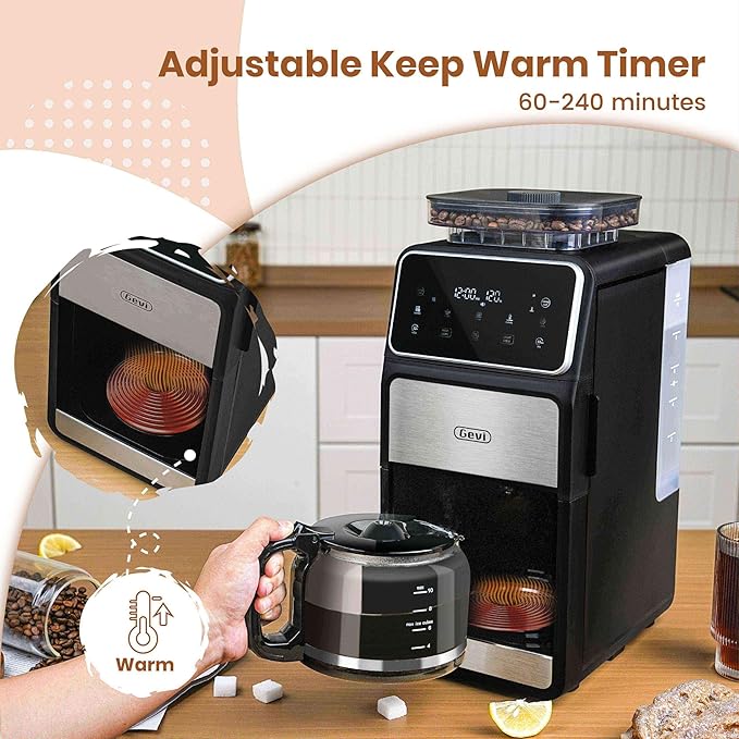 Gevi 10 Cup Drip Coffee Maker with Built-in Grinder, Grind ＆ Brew Burr Combo Coffee Machine with Programmable, Touch Screen, 4-Hour Warm Plate, Permanent Filter