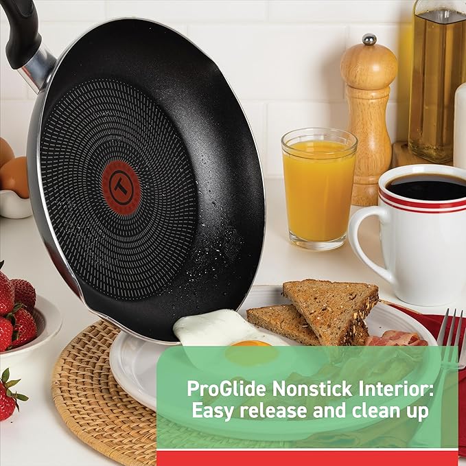 T-fal Initiatives Nonstick Cookware Set 18 Piece, Oven Broiler Safe 350F, Kitchen Cooking Set w/Fry Pans, Saucepans, Saute Pan, Dutch Oven, Griddle, Pots and Pans, Home, Dishwasher Safe, Red