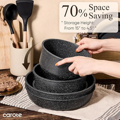 CAROTE 17pcs Pots and Pans Non Stick, Cookware Sets Detachable Handle, Induction Kitchen Pots and Pans,NonStick Cooking Set, Oven/Dishwasher/Fridge Safe, Space Saving