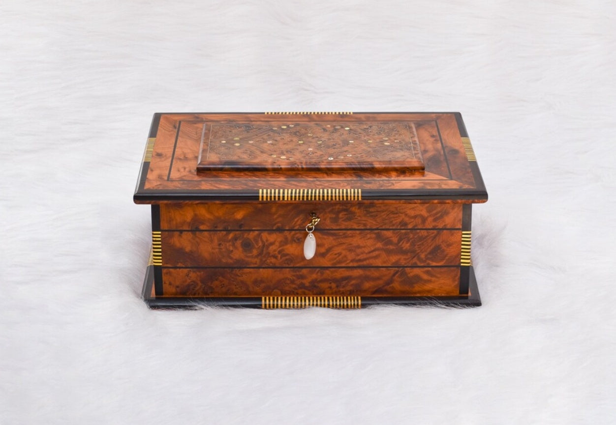 13 X 8 In High Quality Burl Jewelry Box, Wooden Jewellry Box, Box Key With Mirror Engraved, Decorative Box, Memory Box, Christmas Gift