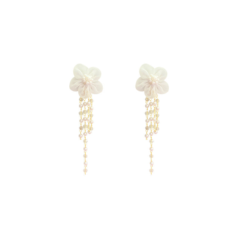 Long Fringed Pearl Flower Stud Earrings